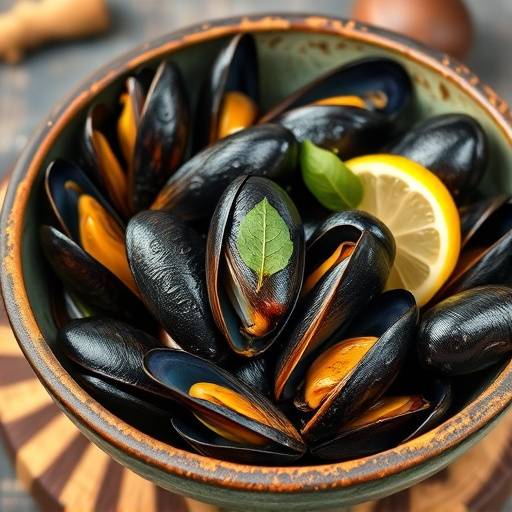 Mejillones al Vapor: mejillones frescos cocidos al vapor con lim&oacute;n y laurel