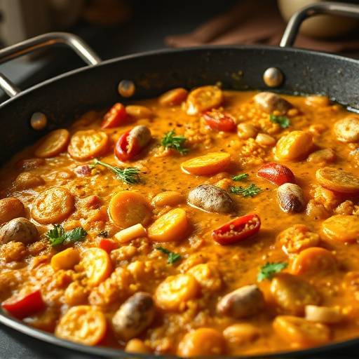 Paella valenciana servida en una paellera tradicional