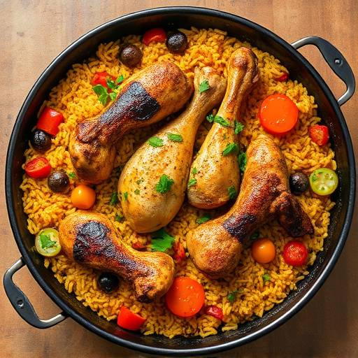 Paella Valenciana servida en una paellera tradicional, mostrando el arroz amarillo, el pollo, el conejo y las verduras