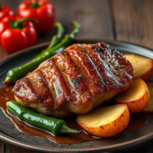 Solomillo a la Gallega: solomillo de ternera con patatas panaderas y pimientos de Padr&oacute;n