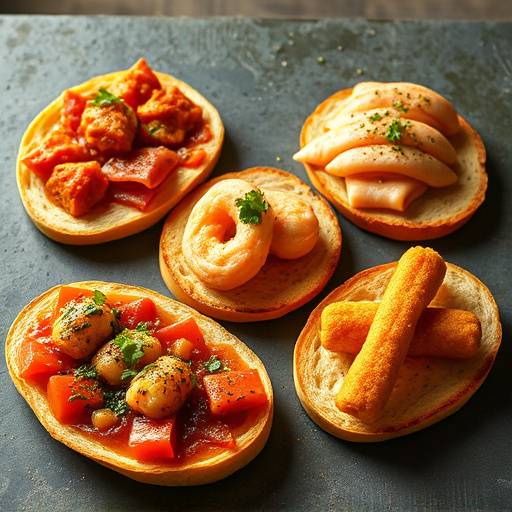 Tapas variadas, incluyendo patatas bravas, jam&oacute;n ib&eacute;rico, gambas al ajillo y croquetas