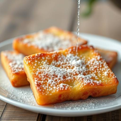 Torrijas: rebanadas de pan empapadas en leche y huevo, fritas y espolvoreadas con az&uuml;car y canela